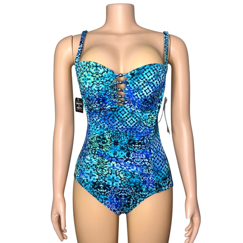 Swim Solutions Santorini Printed‎ Strappy-Front Tummy Control One-Piece Swimsuit